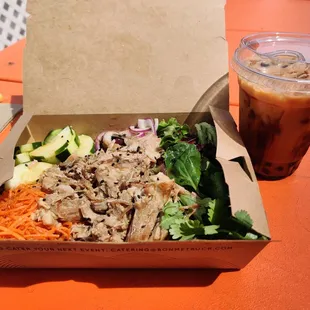 Noodle bowl with pulled pork (highly recommend) and bubble tea (don&apos;t recommend)
