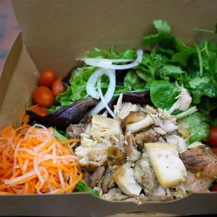 Banh mi innards in a salad.
 
 I regret not getting the baguette. Fish sauce was good.
