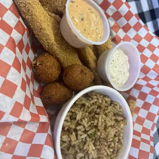 Fried Catfish, Dirty Rice, Hush Pups, Gator Sauce