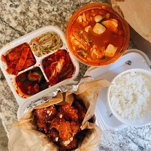 Soon tofu (seafood, w/ egg) and seasoned Korean fried chicken / $21.99