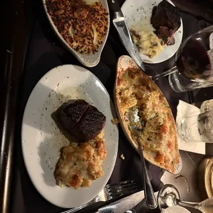 Filet, crawfish Mac n cheese, cheesy potatoes