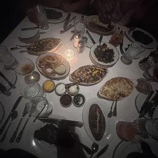 Main courses (steaks, baked potato, mashed potatoes, onion rings, Brussel sprouts