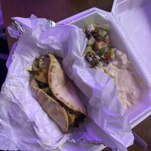 Curry Kebab with salad and hummus with side of peta.