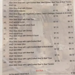 Pho menu.