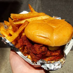 T.N. Hot Fried Chicken Sandwich with added Fries