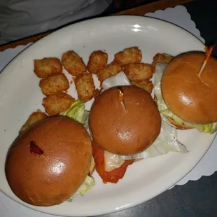 two burgers and tater tots on a plate