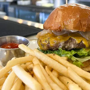a cheeseburger and french fries