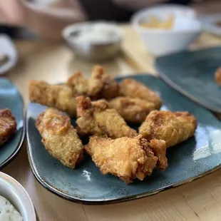 a plate of fried chicken and rice