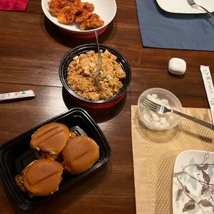 chicken sliders, chicken fried rice and radish