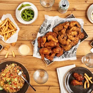 a variety of food on a wooden table