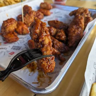 Spicy and BBQ boneless wings.