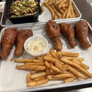 Drusmticks, fries and Chicken Katsu