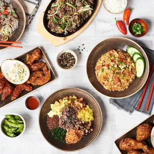 a variety of asian dishes on a table