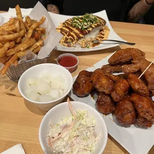 Mixed Wings Japchae Pickled Radish Coleslaw French Fries