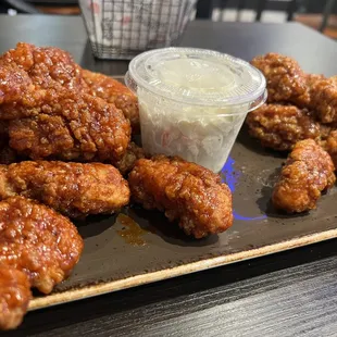 24 pc Boneless, spicy on left (they mark it with a toothpick for you), soy garlic on right