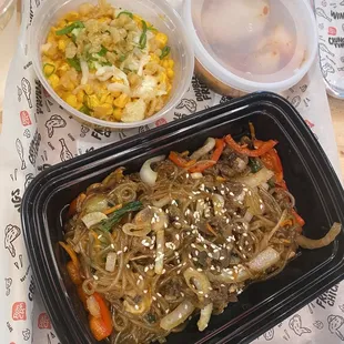 Japchae, Korean Street Corn and Kimchi