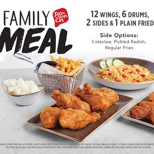 a family meal with chicken wings, sides and plain fried side options