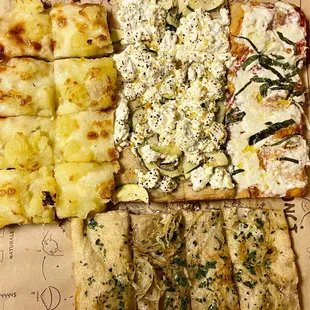 Potato Mozzarella Pizza, zucchini Lemon Ricotta Pizza, burrata basil and grilled onion