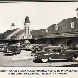 the main theater and place pharmacy of the providence road in the late 1940s, charlotte, north carolina