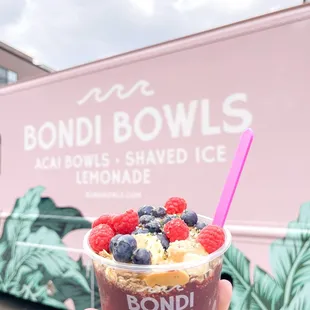 a hand holding a bowl of fruit and yogurt