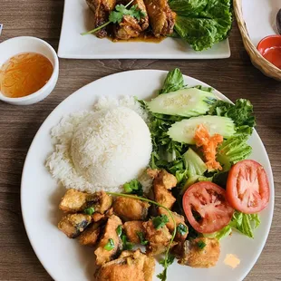 House Special Fried Chicken Wings (top) Crispy Salmon &amp; Rice (bottom)