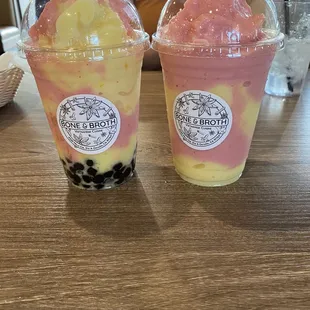 Mango  Strawberry  smoothie. One with boba and other without. Soooo good! They use real fruit.