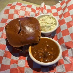 Brisket sandwich, potato salad and beans. Really good!