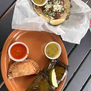 Carne Adobo Tacos, Holy Chorizo Empanadas, Azteca Tamales