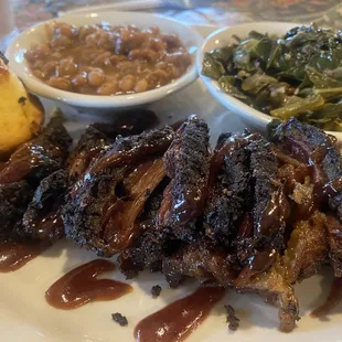 Brisket, collard greens and baked beans.