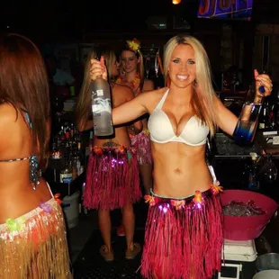 a woman in a hula skirt