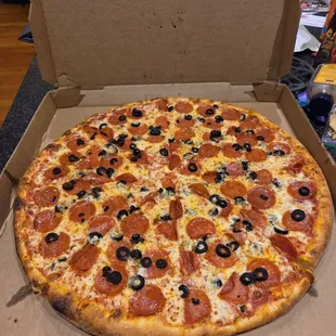 Pepperoni and black olive large pizza