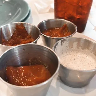 Homemade ketchup (top 2), regular ketchup (bottom left), homemade ranch (bottom right)