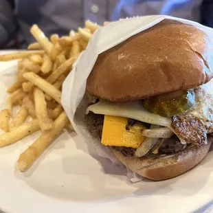  burger and fries on a plate