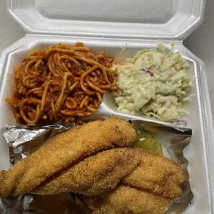 Catfish, spaghetti, and coleslaw