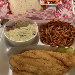 Catfish Combo with spaghetti and coleslaw