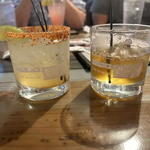 Drinks are a margarita with tejin and the honey bourbon, both delicious.
