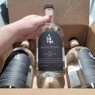 a hand holding a bottle of gin