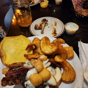 Burger and fries. White Thang. Burger with cheese curds. Delicious.