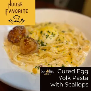 Cured Egg Yolk Pasta with Scallops! So decadent!