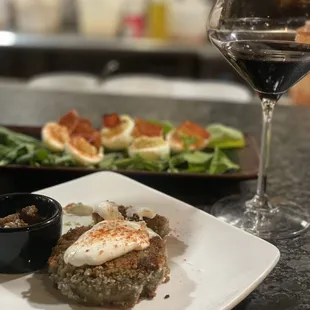 Deviled eggs and Avocado cakes. Excellent