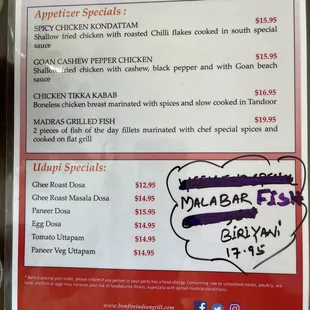 Chef special menu