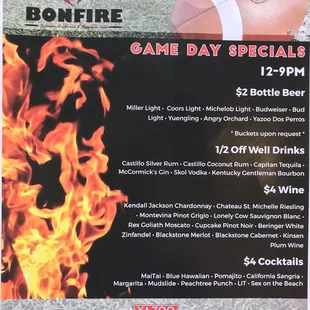 Game Day Sunday Happy Hour 12-3 and 4-9