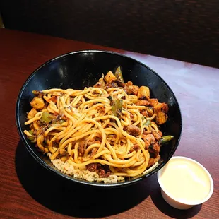 Lo mein, brown rice, Mongolian beef and Korean BBQ pork - delicious!