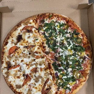 Half Bonefired Up Specialty / Half Garlic Chicken Pizza