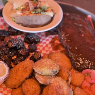 Fried zucchini, burnt ends, baked potato, ribs