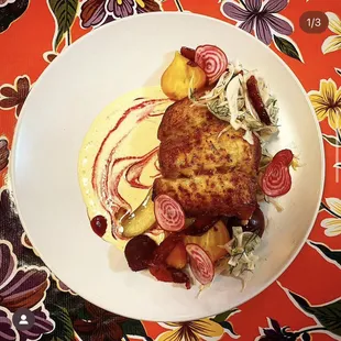 Catch of the Day-Brown Butter Halibut with citrus hollandaise, blood orange, shaved fennel, roasted beets, and fingerling potatoes