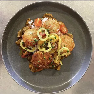 Catch of the day-Scallops with stewed okra and tomato&apos;s, pickled banana peppers and popcorn rice