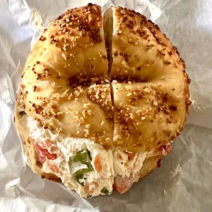 Garlic Bagel with Veggie Cream Cheese