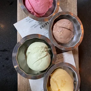 Sorbet/Gelato flight . Mango, pistachio , s&apos;mores, and strawberry shortcake. All delicious