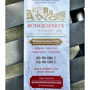 BONGIORNO&apos;S ! Great Hiding Italian Gem In The River Plaza between Tramp Tower and Wrigley Building.  Dine In Patio Take Out Delivery.